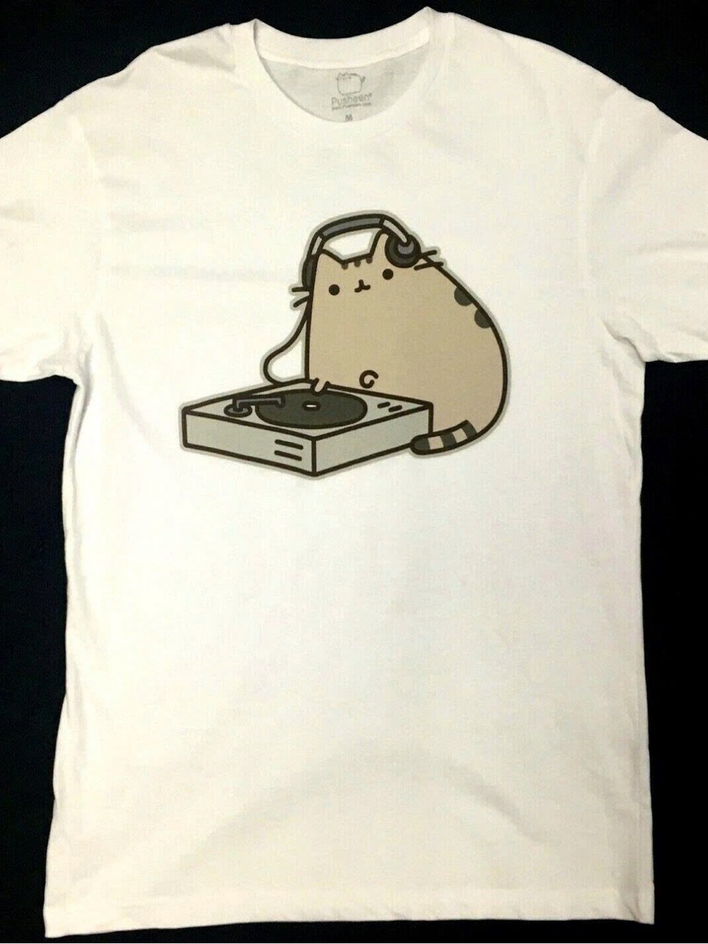 Gildan White Tee with Tan DJ Cat Graphic
